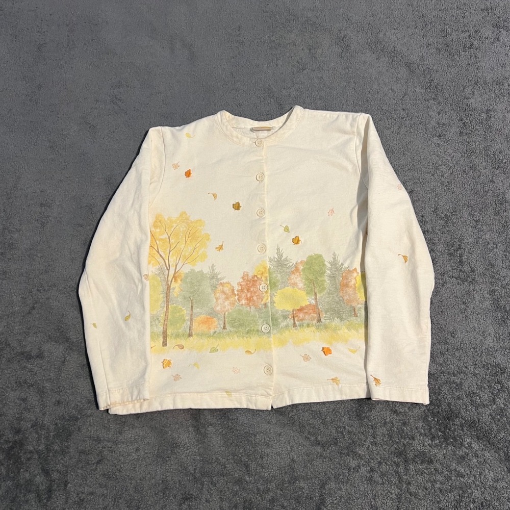 Vintage 90s Artisans Womens Fall Autumn Tree Button Front Fleece Cardigan L